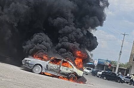 آتش سوزی خودرو پژو در جاده میناب به زهوکی